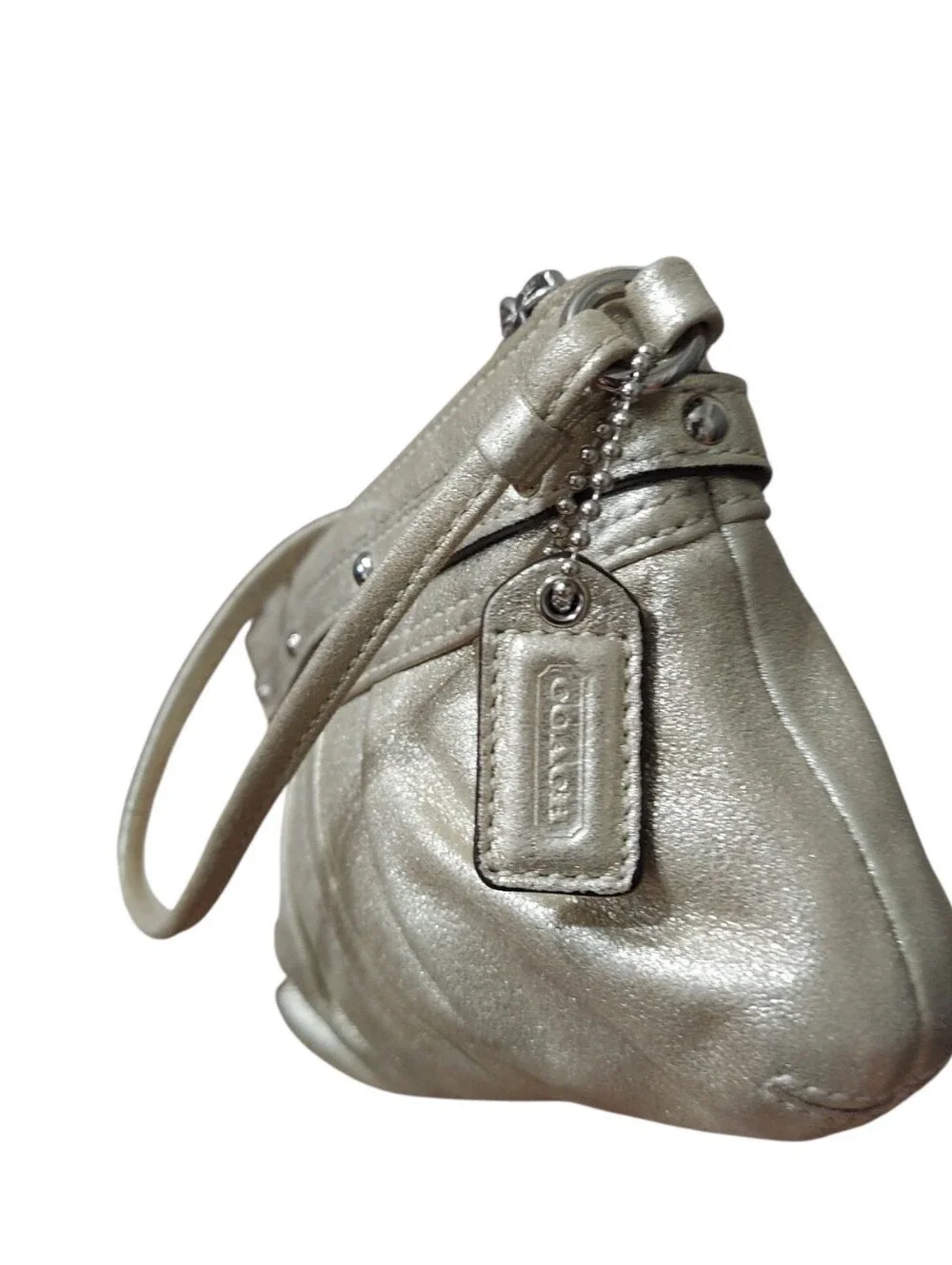 Coach Gold Metalic Nubuck Wristlet Chrome Dog Lesch Hardware - Picture 3 of 4
